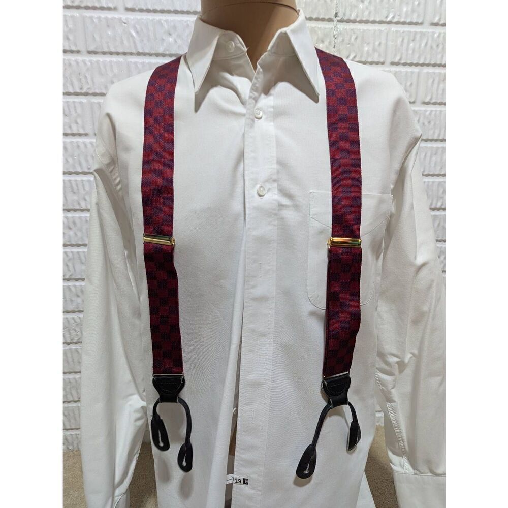 Unbranded Men's Burgundy & Blue Square Patterned Fabric Suspenders